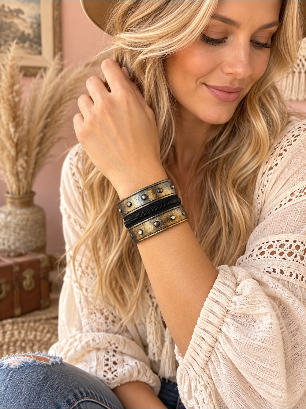 Boho Studded Leather Cuff Bracelet - Gold & Black with center zipper